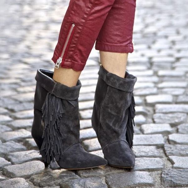 

boots fringed gray black suede spike heels fashion lady pointed toe high winter autumn woman shoes