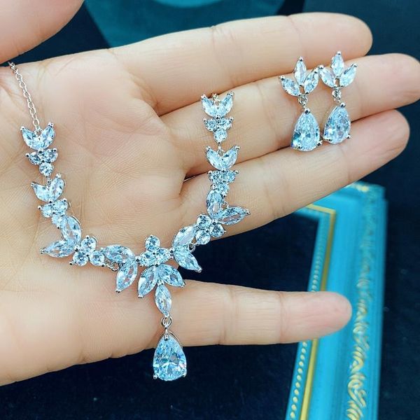 

earrings & necklace cute female crystal water drop jewelry set charm silver color dangle earring for women boho white zircon wedding chain
