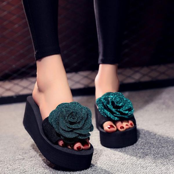

slippers fur slides summer autumn flip flops casual women shoes open toe slip-on flower wedges color high slipper, Black