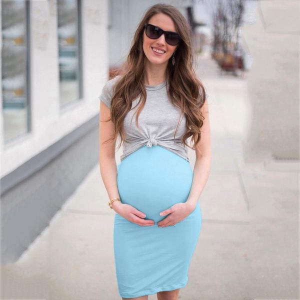 Одежда для беременных мода сплошной цвет круглой шеи футболка и платье для беременных родильных животных вручную повседневную длинную юбку одежда на беременность