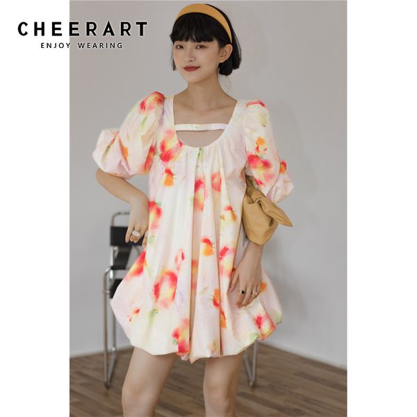 Fluffy Buff Manga Floral Impressão Verão Vestido Rosa Backless Short Designer Mini Estilo Coreano Bonito 210427