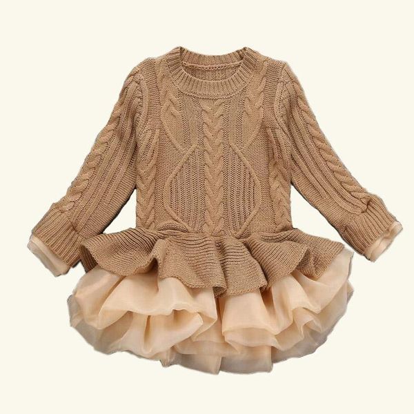

girl's dresses 2021 thick warm girl dress wedding party knitted chiffon winter kids girls clothes children clothing, Red;yellow