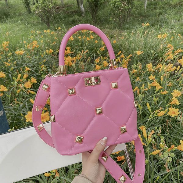 

women new bucket bag luxury pu leather handle tote handbags metal rivet diamond wide shoulder crossbody bag fashion purse