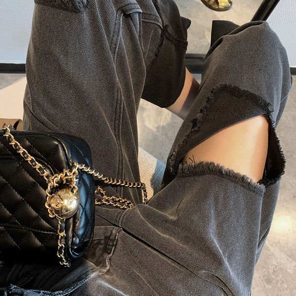

hole black women's spring and summer loose high waist slim pants casual, Blue