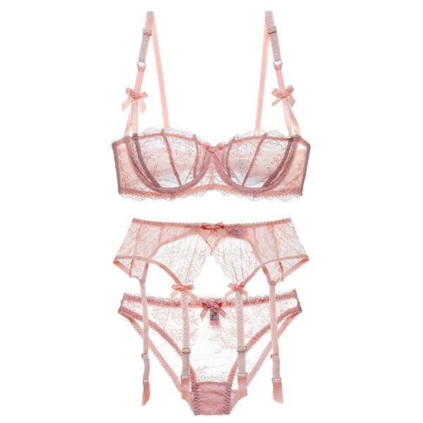 Teevancce Sexy Lace Transparente Unlined 1/2 meia xícara sem esponja sutiã sets sutiã + calcinha + garters 2/3 pcs opcional roupa interior lingerie x0526