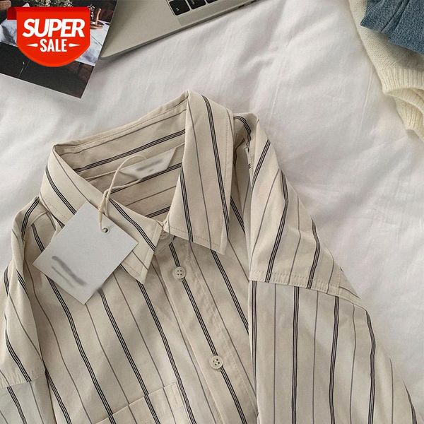 

custom yarn-dyed temperament milk and almond stripes, loose profile bai with basic shirt, trendy women's clothing #jp3z, White