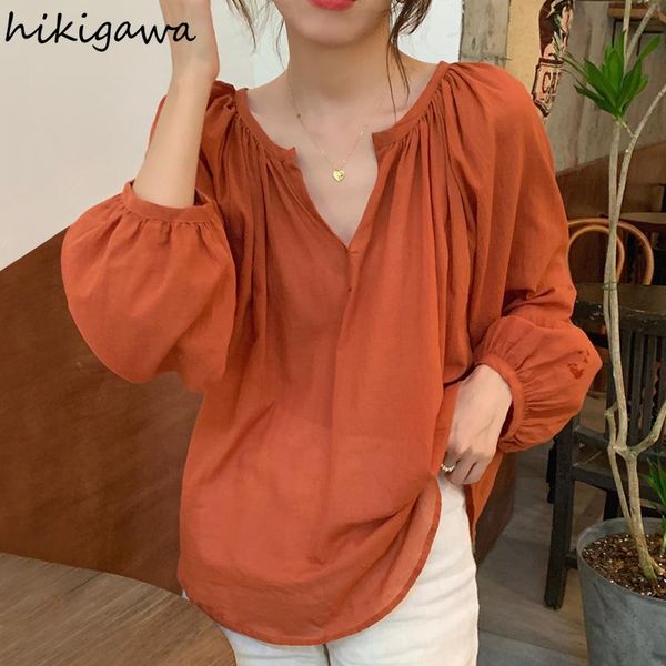 

women's blouses & shirts hikigawa korean summer elegant v neck orange thin loose woman shirt solid sun protection puff sleeve blusas fe, White