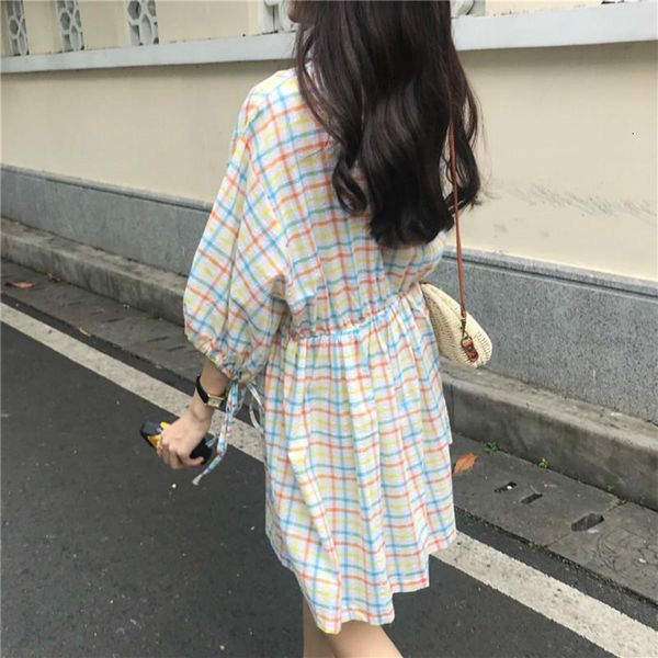 

party dresses women summer mini plaid cotton dress v-neck puff sleeves high waist short vestidos drawstring casual robe femme sukienki jurke, White;black