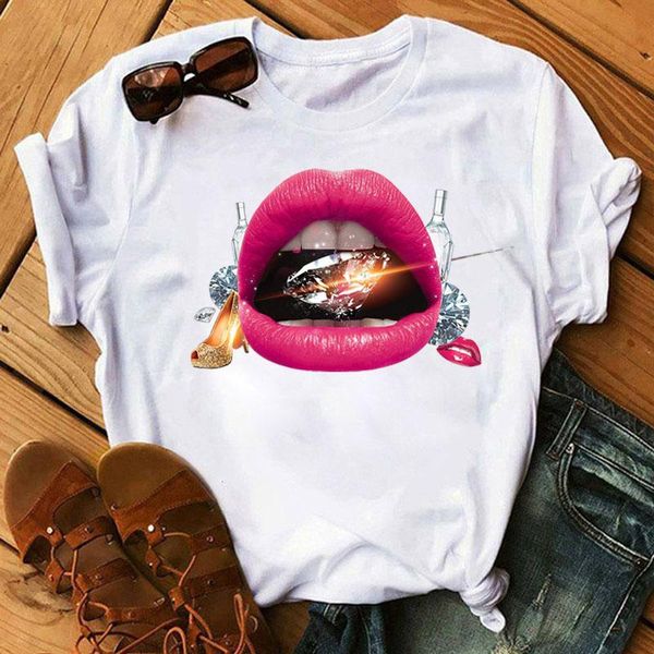 Damen-T-Shirt, weiblich, Harjauku, Grafik-T-Shirts, Damen, kurzärmelig, niedliche Kleidung, T-Shirt, Lippen und goldene Schuhe, Druck-Oberteile