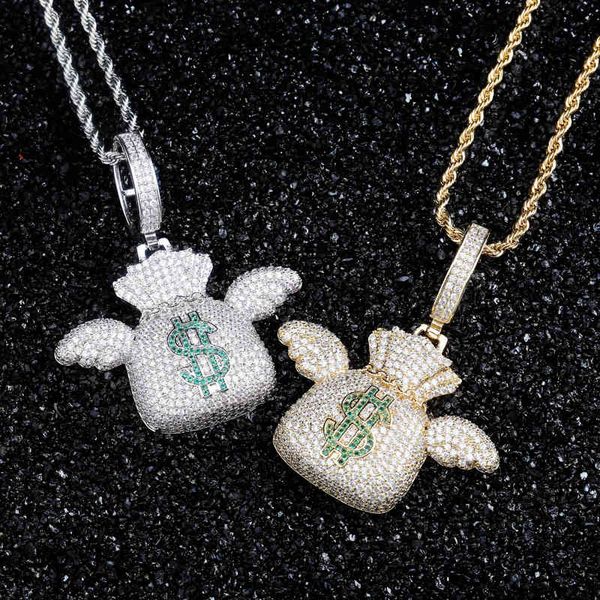 

necklace ins flying money bag personality hip hop pendant full of zircon trendsetter men's and women's accessories, Silver