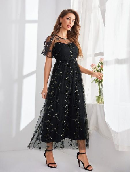 

butterfly sleeve embroidery mesh a-line dress she, Black;gray
