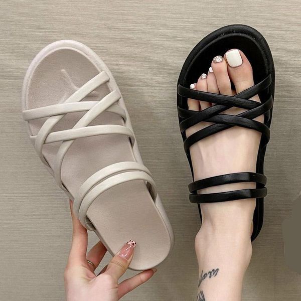 

slippers simple women sandals 2021 flat shoes two wear ladies fashion beach flip flops 40, Black