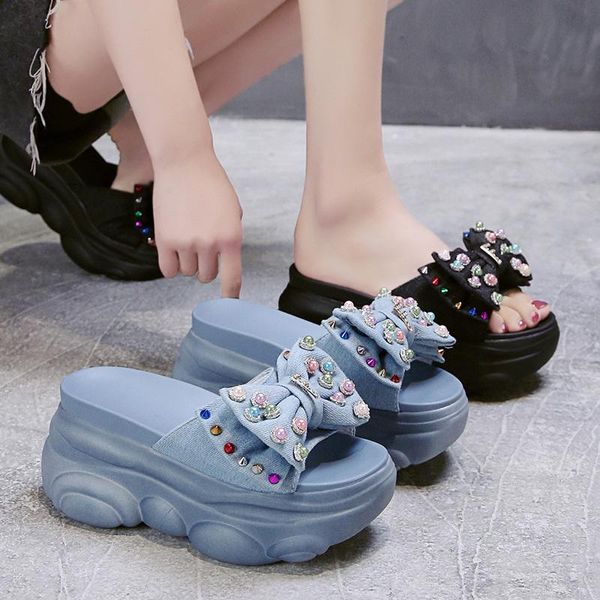 

shoes mules for women 2021 woman's slippers slides fashion jelly flip flops platform heels luxury glitter flat summer high, Black