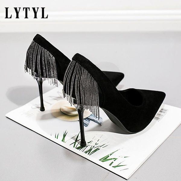 

dress shoes fashion single shoe woman high heels chains tassels women pumps pointed toes female black b20-803