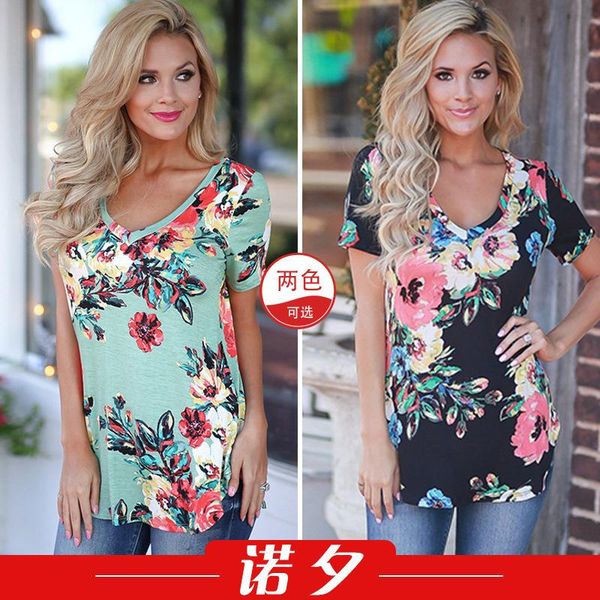 

spring and summer european american v-neck printing casual short sleeve t-shirt women's wear 1281, White