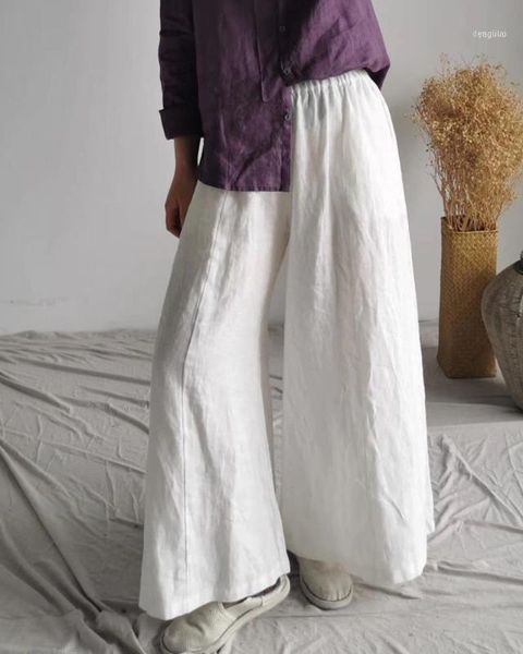 

women loose elastic waist solid color wide leg pants ladies vintage linen trousers female 2021 autumn flax pants1, Black;white