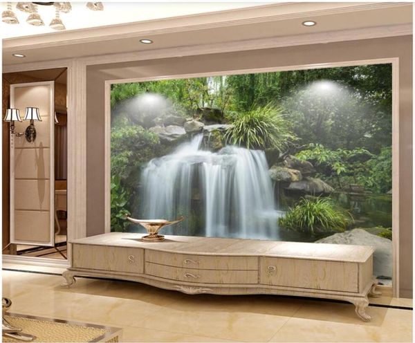 

wallpapers custom po 3d wallpaper hd waterfall fresh forest landscape tv background home decor living room for walls 3 d