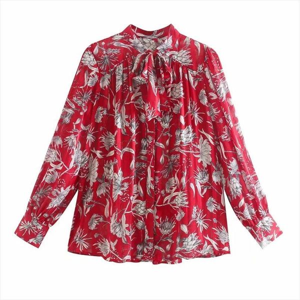 

floral printing bow tie loose women shirts long sleeve casual lady blusas s8178, White
