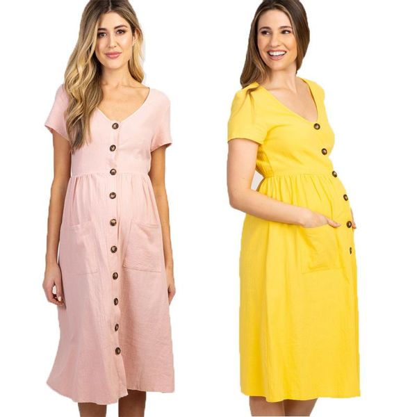 

maternity dresses 2021 summer casual round neck pregnant dress button loose solid color short sleeve gown q06002, White