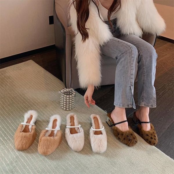 

slippers shoes cover toe square heel low casual slides fur flip flops med slipers women block luxury leopard plush 2021 rome leo, Black