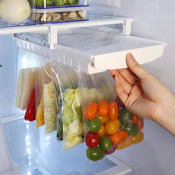 Стеллаж для хранения Холодильник выдвижные организаторы Ziplock сумка отделочный держатель кухня получает конструкцию кадров товарной полки gyl116
