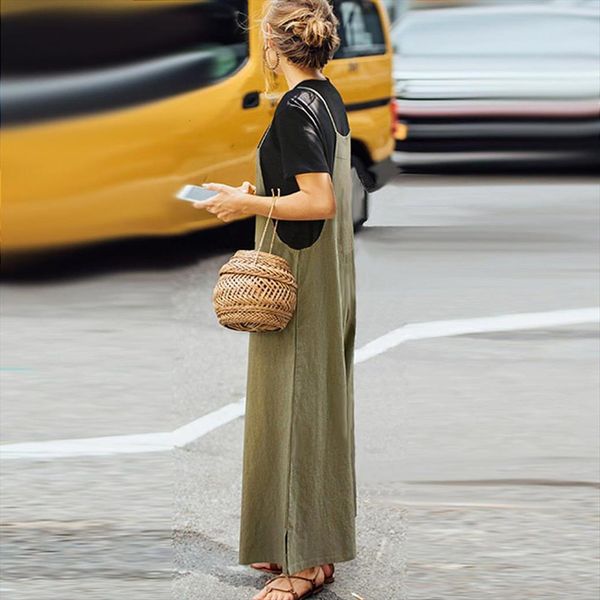 

solid color casual loose women jumpsuit breathable sleeveless long overalls summer wide leg, Black;white