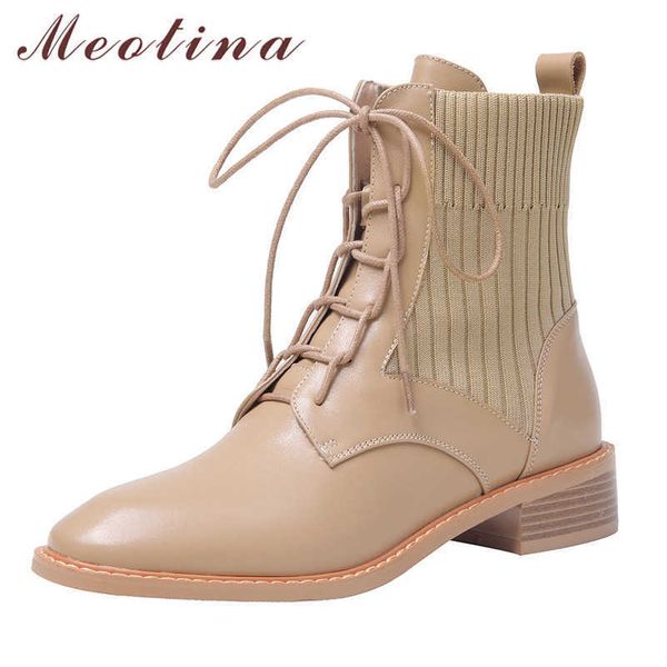 

meotina winter ankle boots women natural genuine leather block heel short boots knitting round toe shoes lady autumn size 34-39 210608, Black