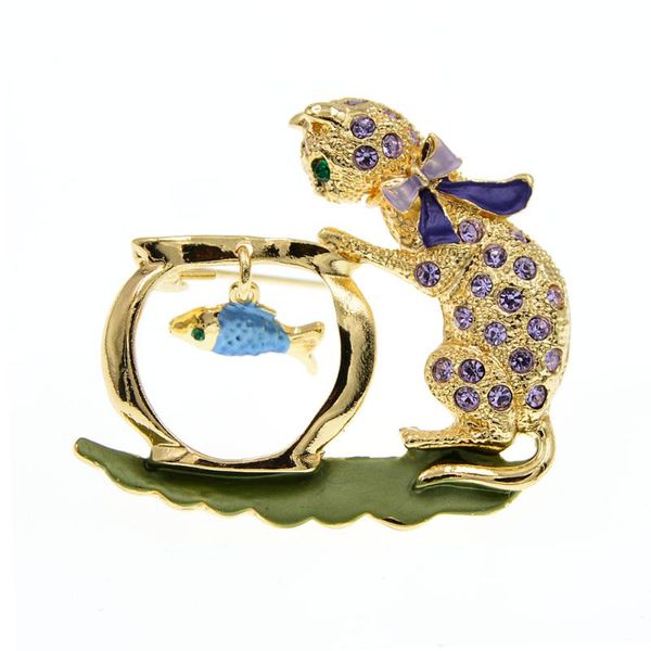 

pins, brooches 2 color cute crystal rhinestone brooch cat and fish animal badge pin painting oil jewelry autumn winter friends accessories, Gray