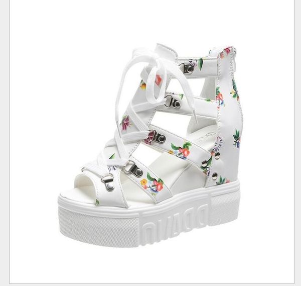 

fashion print leisure wedges women's shoes summer women sandals platform shoelaces high heels casual large size, Black