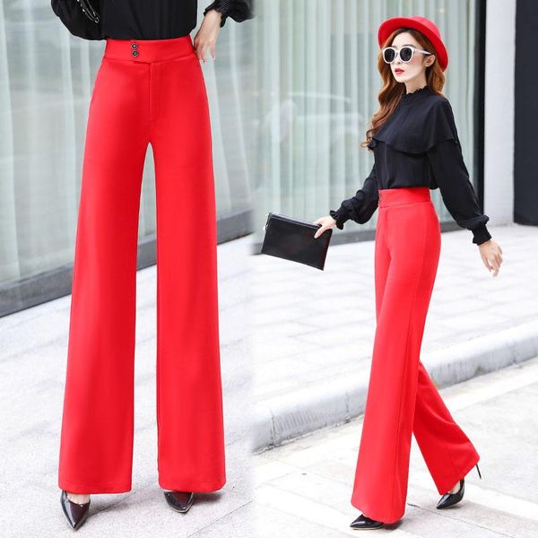 

women's pants & capris women office work wide leg thin female trousers polyester red slim straight flare high waist long, Black;white