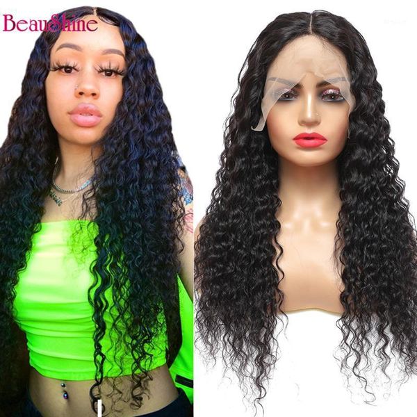 

beaushine deep wave wig human hair wigs for women t part lace transparent peruvian curly hair1, Black;brown