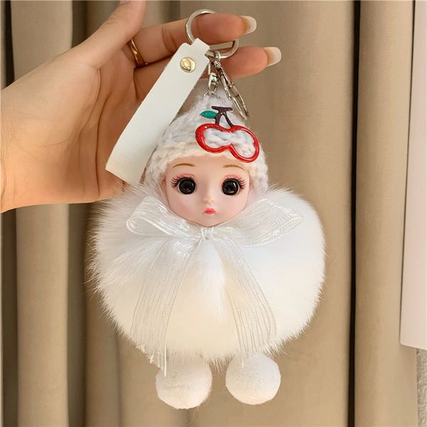 Bonito fofo Baby Boneca Meninas Keychain Pompom Rex Rex Coelho Bola de Pele Chaveiro Chaveiro Carro Keyring Mulheres Saco Pingente Charme Jóias