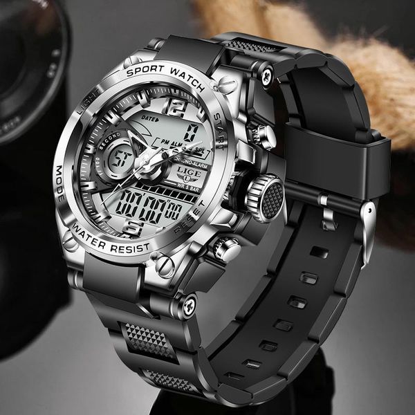 

wristwatches lige fashion men sports watches silicagel quartz analog led digital clock man military waterproof watch relogio masculin, Slivery;brown