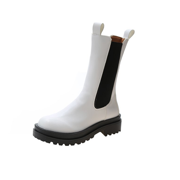 

boots 2021 autumn winter leather boot round toe platform heel mid-calf woman fashion short slip-on motorcycle bota, Black