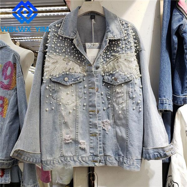 

women's jackets harajuku denim jacket women beaded diamonds fashion hole long sleeves jeans womens autumn loose coat streetwear, Black;brown