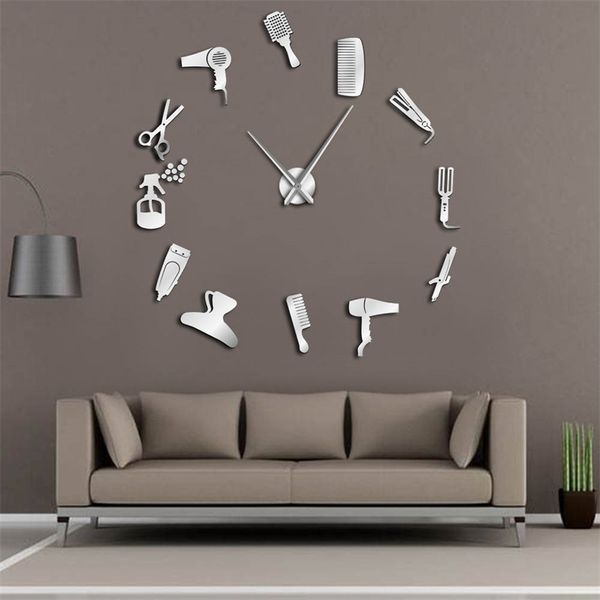 DIY Toolkit Barbiere Orologio da parete gigante con effetto specchio Barbiere Decorativo Orologio da parete senza cornice Parrucchiere Barbiere Wall Art 211110