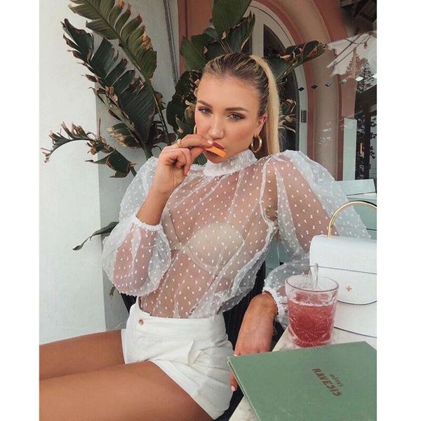 

women mesh sheer blouse see-through long sleeve shirts fashion polka dot transparent white black shirt female blusas women's blouses &