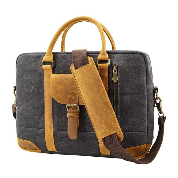 

briefcases men canvas genuine leather shoulder bag large capacity 13inch lapbriefcase bags documents messenger vintage business