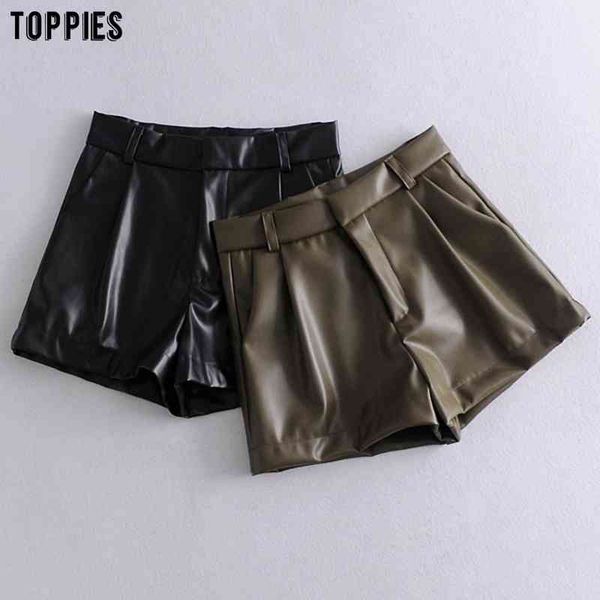 Toppies moda faux couro shorts cintura alta mulher shorts feminino streetwear fundos 210412