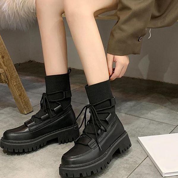 

boots 2021fashion women patent leather ladies lace up platform patchwork ankle female winter keep warm non-slip, Black