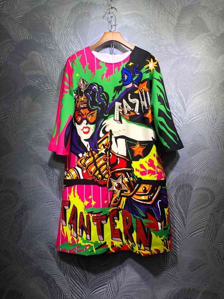 

casual dresses 2021 spring summer runways loose diamonds female cartoon b265 printing, Black;gray