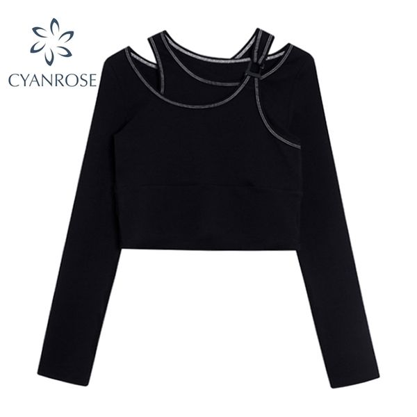 

black irregular patchwork bodycon crop tees women long sleeve streetwear stylish sheath harajuku bar mujer 210515, White