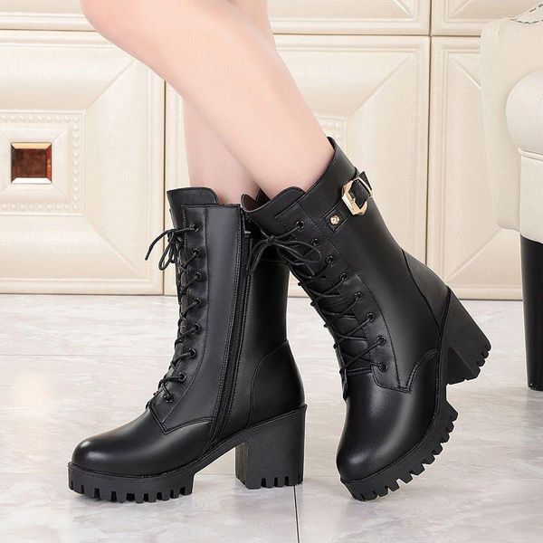 

winter high-heeled leather women boots thick wool warm military high-quality female snow, Black