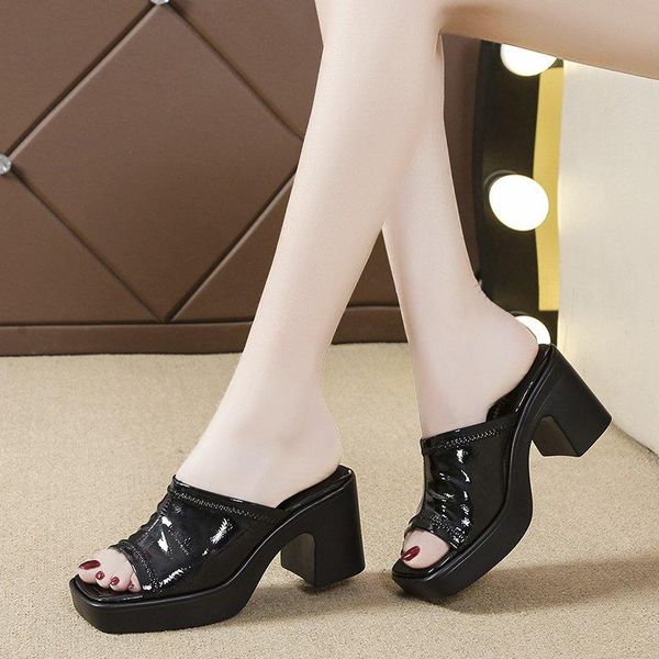 

slippers plus size 34-40 high heels women platform shoes summer 2021 block heel patent leather slides ladies for office, Black