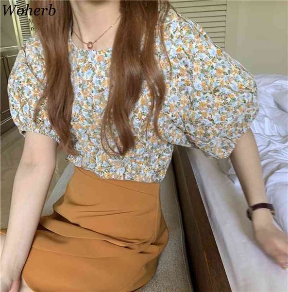 

stylish women florals chic blouse women crew neck short puff sleeve shirt korean summer shirts streetwear 210417, White