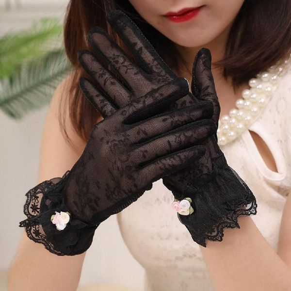 

five fingers gloves 1 pair summer thin sunscreen lace elegant flower design anti slip women elastic driving, Blue;gray