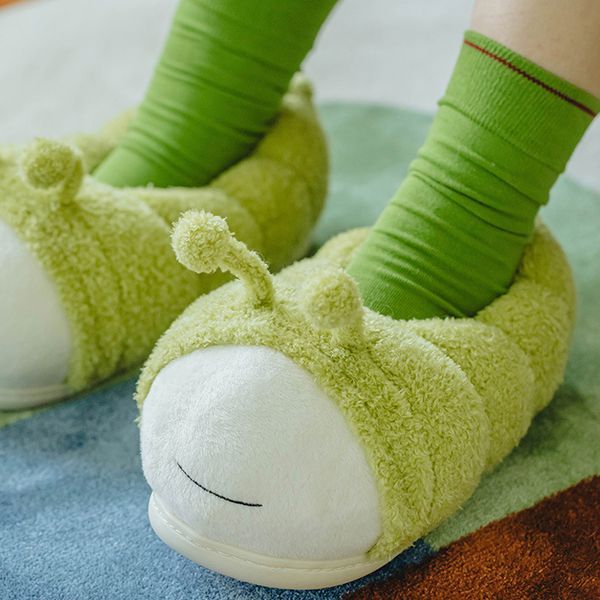 

warm cartoon cotton slippers cute funny snail slippers women house flat slides winter soft fluffy floor flip flops shoes, Black