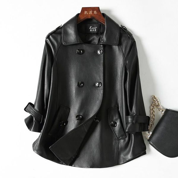 

women's leather & faux 2021 spring autumn genuine jacket women sheepskin coat windbreaker cloak korean jackets for veste femme kfs18999, Black