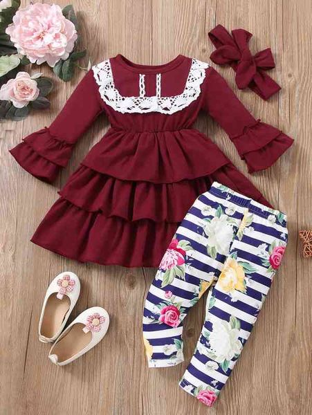 

baby guipure lace panel layered hem dress & floral print pants with headband she, White