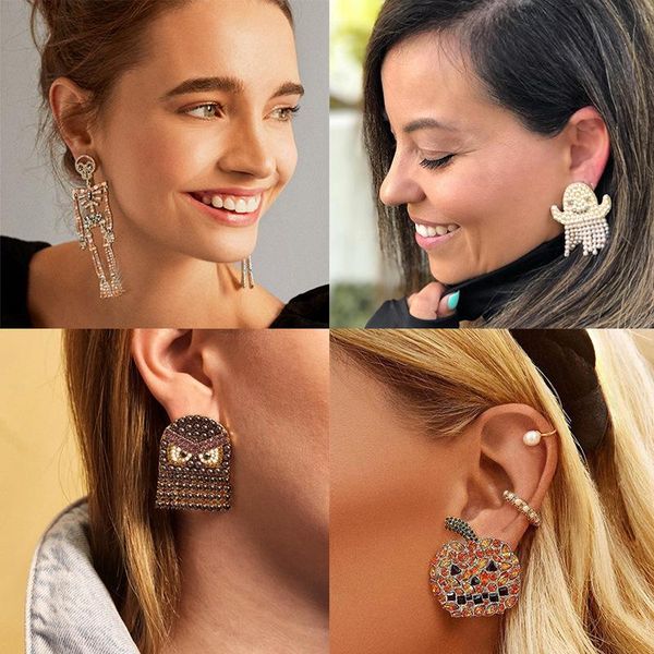 

stud explosion style funny metal diamond pumpkin lantern ghost face earrings halloween christmas party decoration, Golden;silver